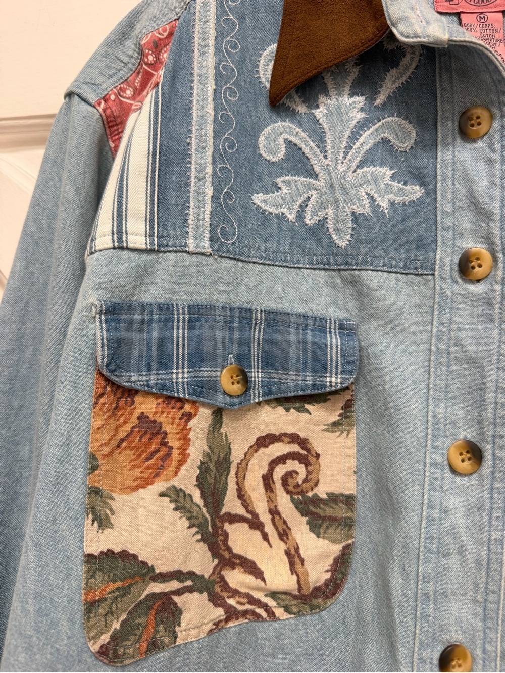 Patchwork Denim Button-Up Shirt with Brown Collar Cottagecore - Picture 3 of 7